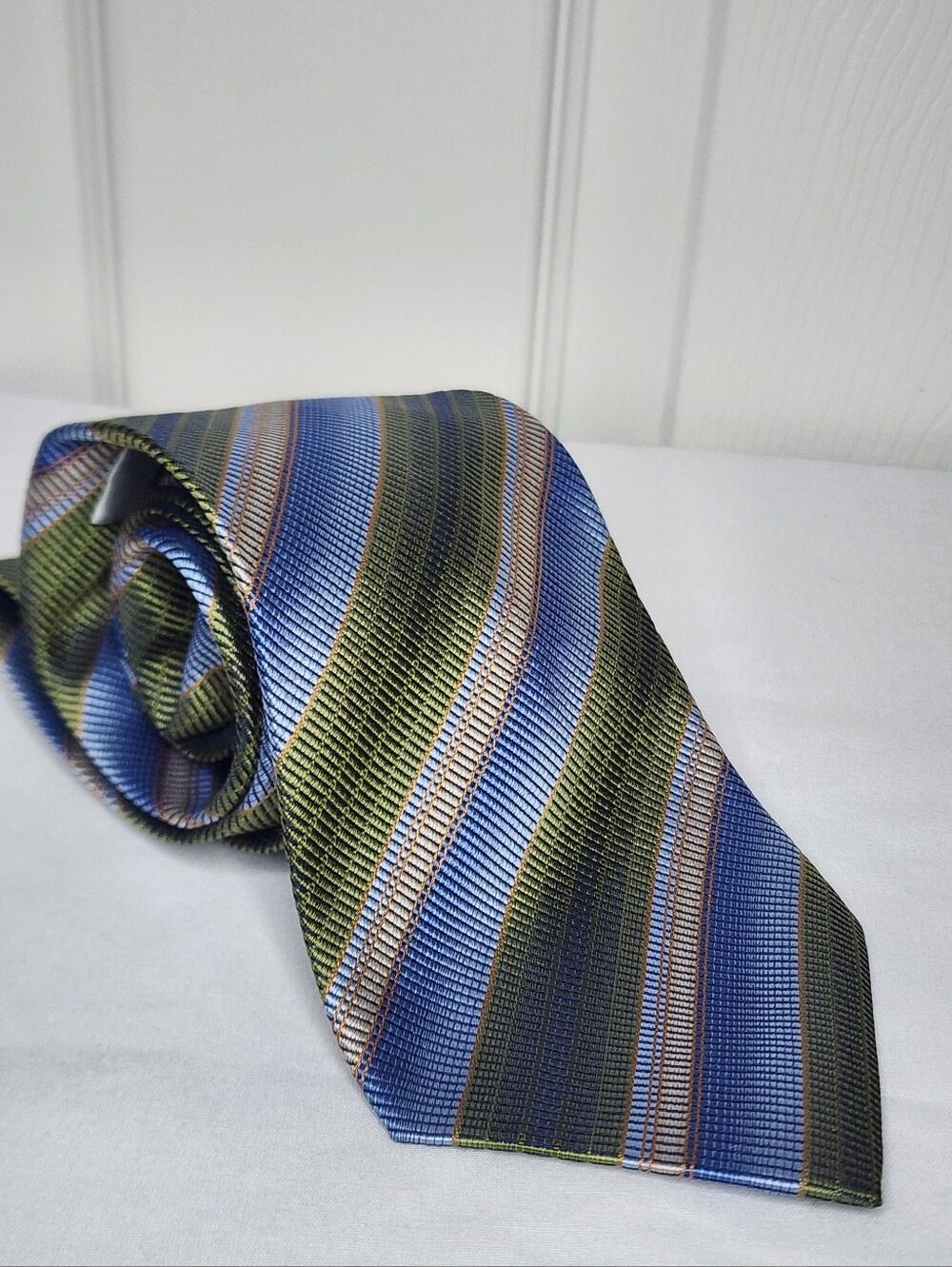 Alfani Blue and Olive Striped Silk Tie